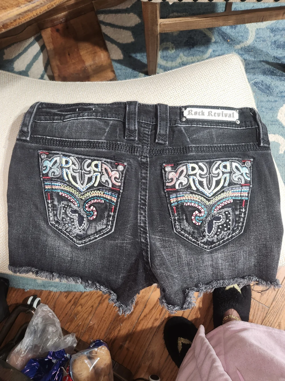 Rock Revival Black Denim Shorts with Multicolor Embroidered Pockets